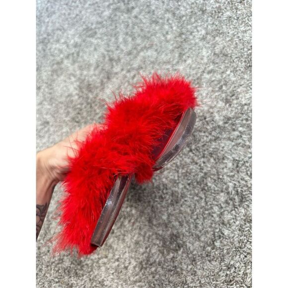 JEFFREY CAMPBELL Luxuries Feather Sandal Acrylic Heels Red Genuine Feathers 11 - Picture 12 of 15